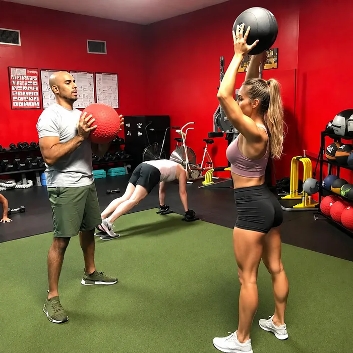 Trainer coaching a medicine ball workout at KORE Training Studios